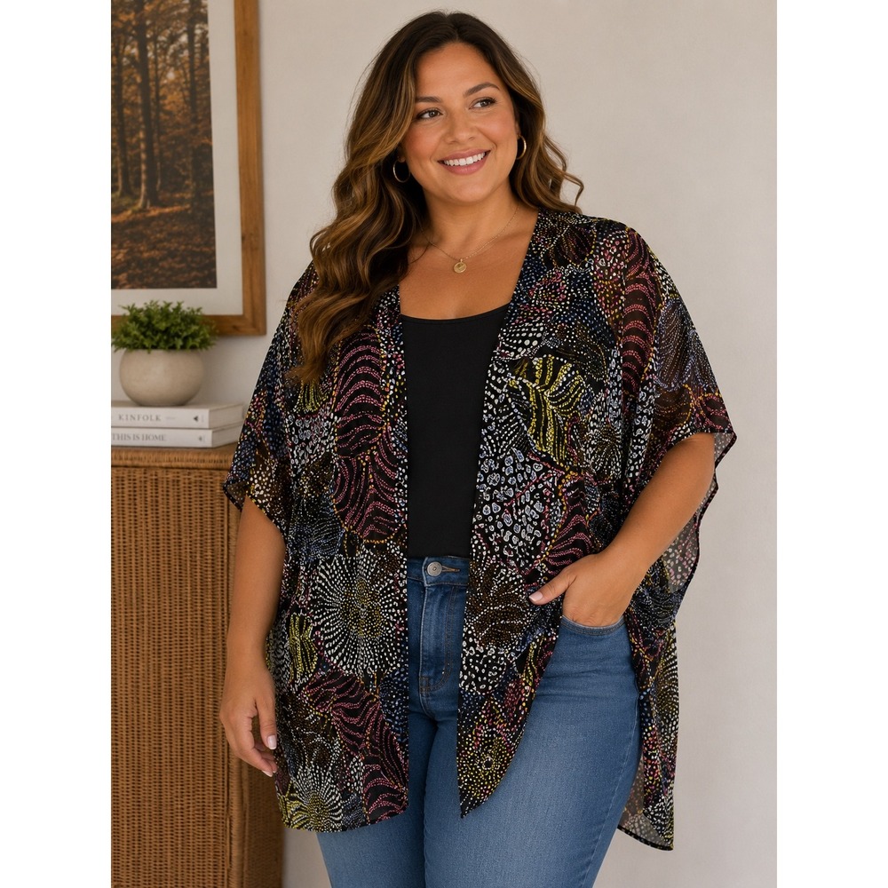 Live 4 Truth Womens 1X Kimono Cardigan Sheer Abstract Floral Open Front Top